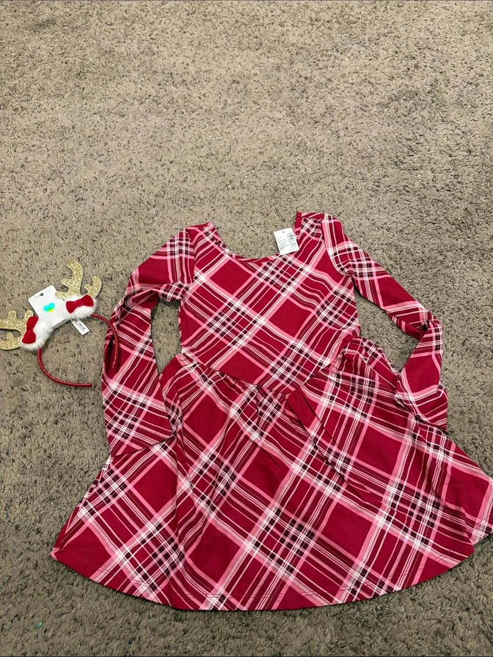 Red Plaid Long Sleeve Holiday Dress and adorable head band